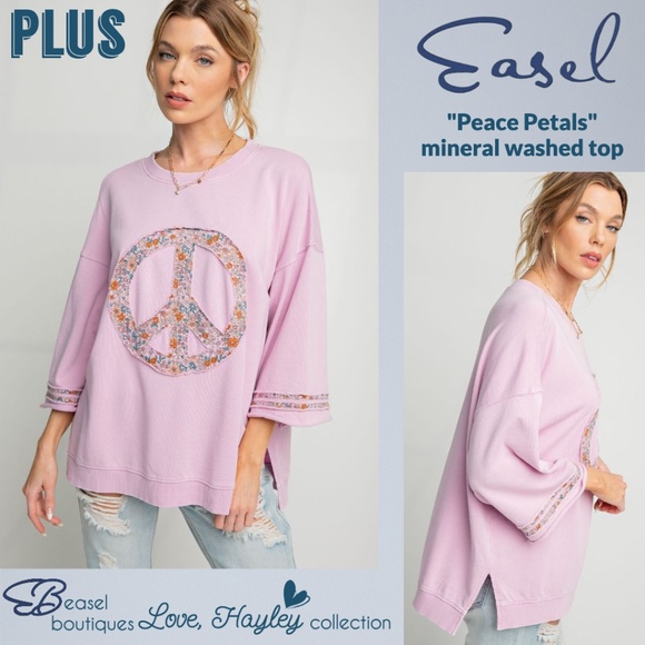 EASEL Tops - EASEL "Peace Petals" Mineral Washed Cotton Side Slits Peace Sign Patch Raw Seams